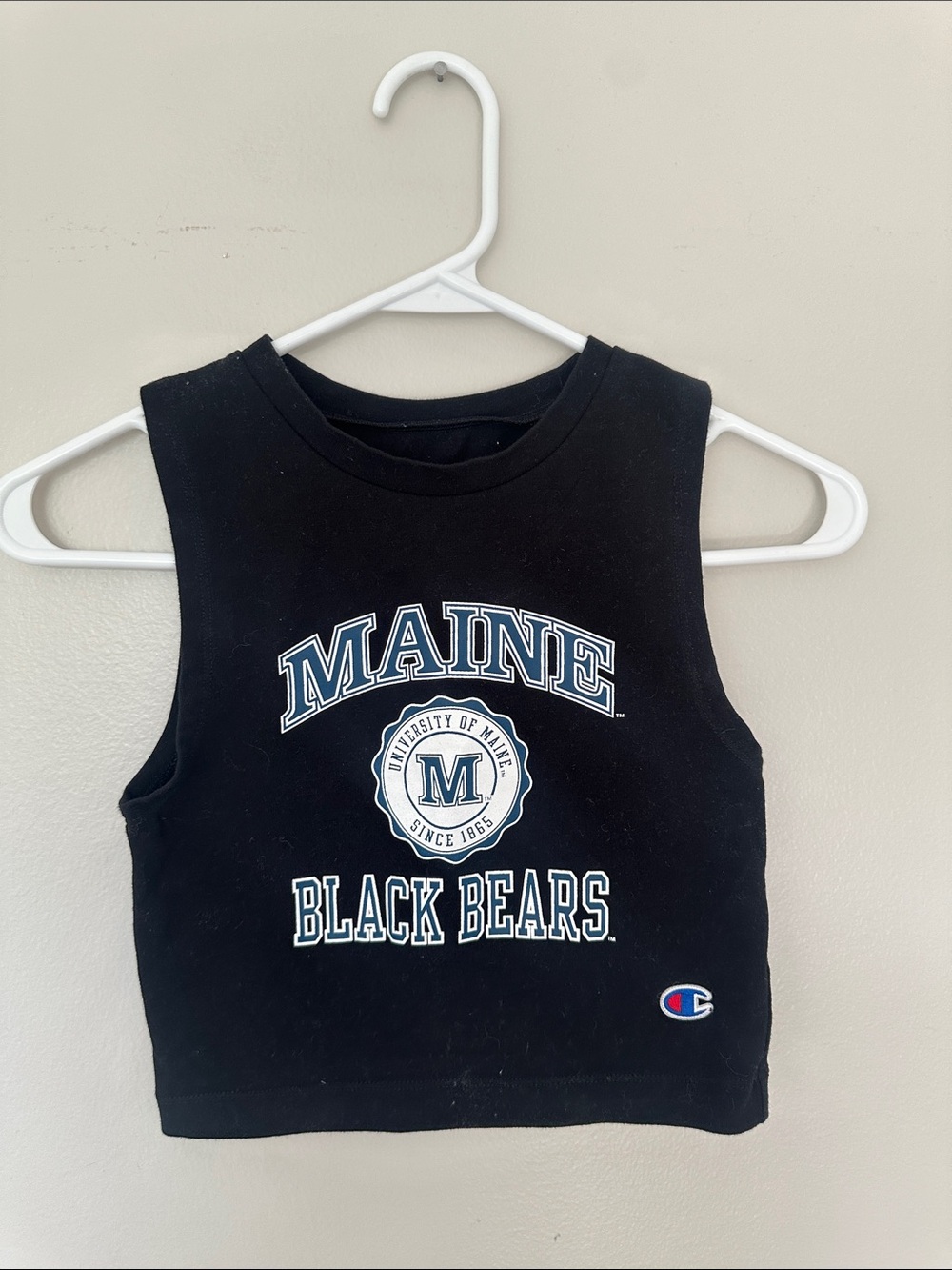 Champion Black Maine Black Bears Crop Tank with White & Blue Logo